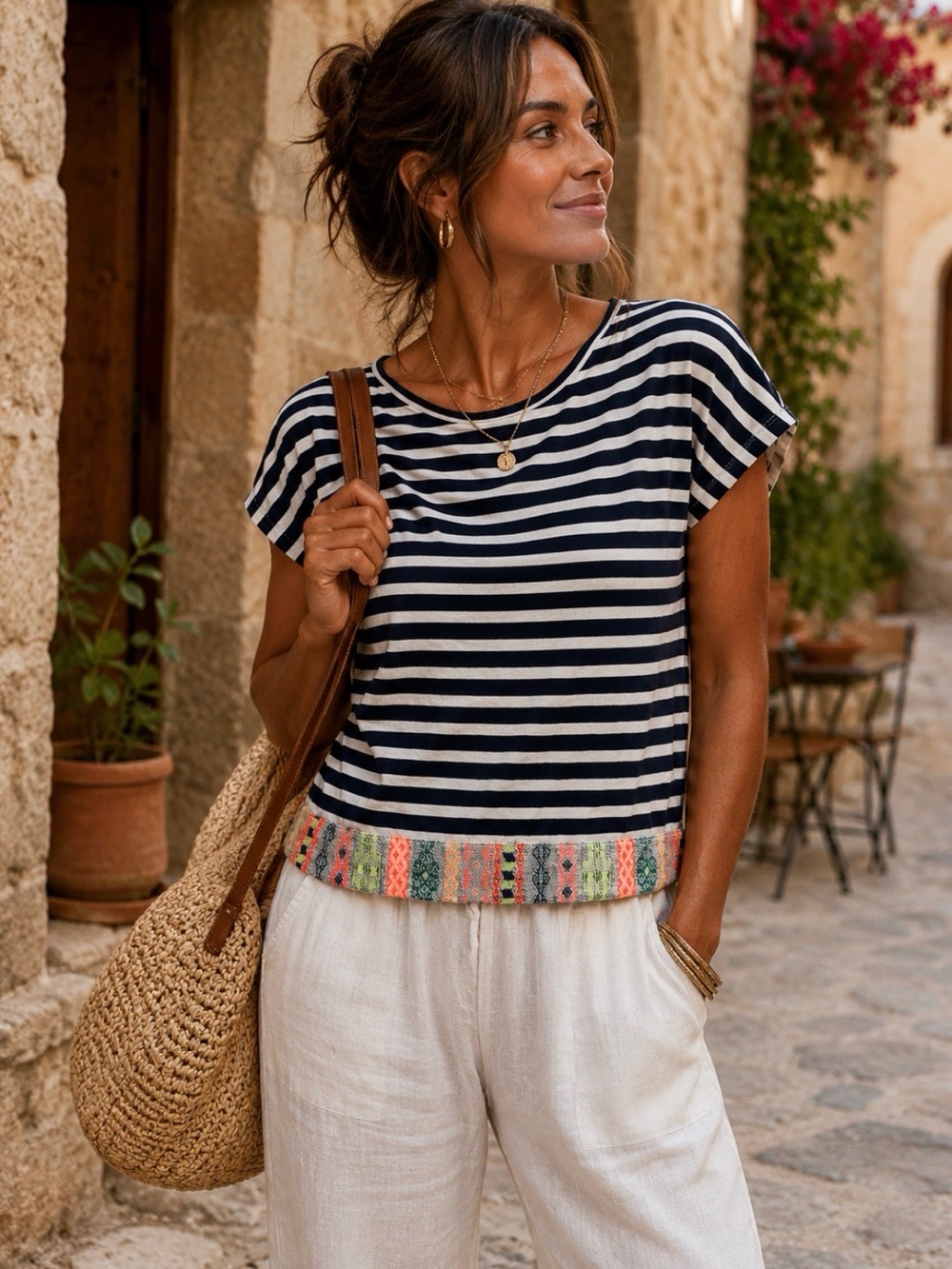 Vilagallo Navy and White Striped Short Sleeve Top with Colorful Trim